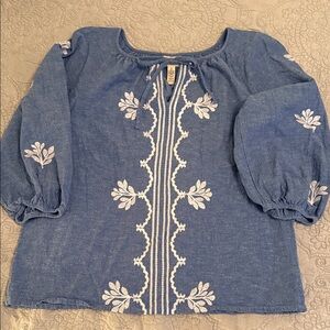 St. John's Bay Denim Blue Blouse with White Detail